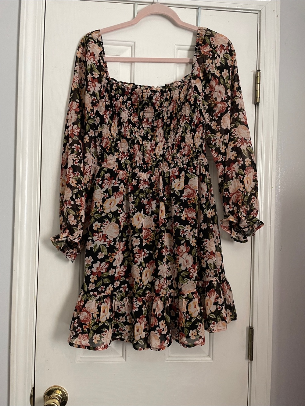 As U Wish Black Floral Smocked Top - Olive & Blush Accents